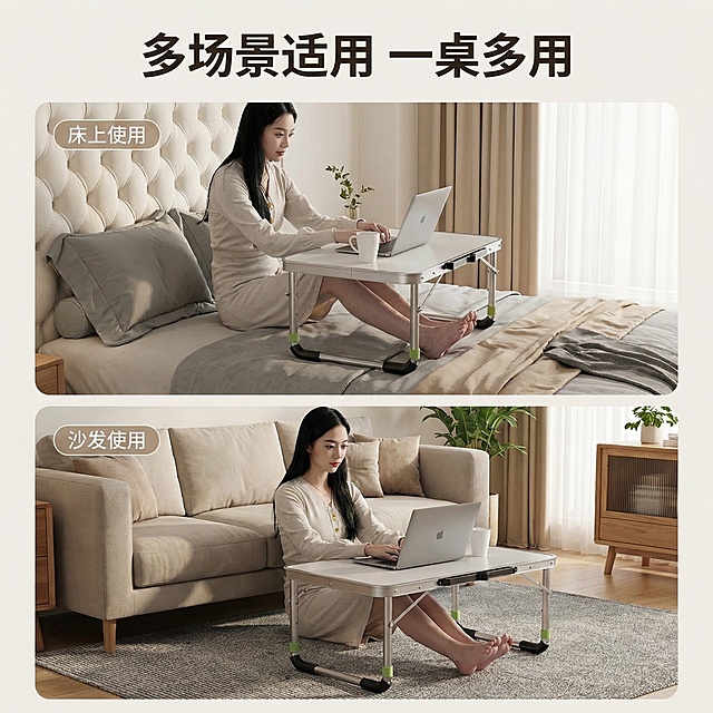 [主图主题] 铝合金折叠电脑桌多场景适配展示
[氛围/风格] 舒适简约，家居治愈，统一的温馨暖调自然光，保持风格和光影一致
[画面元素] 采用上下两宫格拼图布局，上图展示在床上使用场景，下图展示在客厅沙发前使用场景，同一个产品在两种不同家居场景中，产品外观始终和原图保持一致，场景整体简约干净，光线保持一致，同一个模特，穿搭一致。
[配色色系] 主色调：浅米灰、银灰；辅助色：暖木色，保持整体配色统一
[视角构图] 上下两宫格，每个场景都完整展示产品，构图均衡
[文字版式] 主标题“多场景适用 一桌多用”大字号粗体悬浮在画面顶部居中，上下两个场景分别在角落用极简半透胶囊小字标注“床上使用”“沙发使用”，不遮挡产品主体，保持整体干净通透。
[比例分辨率] 2k分辨率
