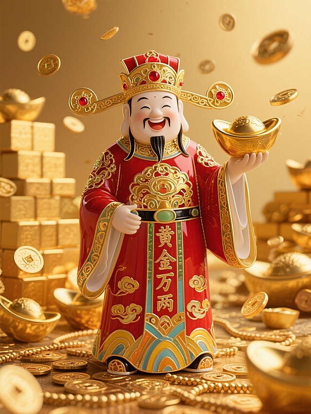 我想生成一副100*75cm的财神爷的IP形象人物、背景中要有元宝、黄金、或者金钱元素、背景整体为金色调、财神爷人物是全身形象，正面站立，手送元宝的动作，帮我生成提示词