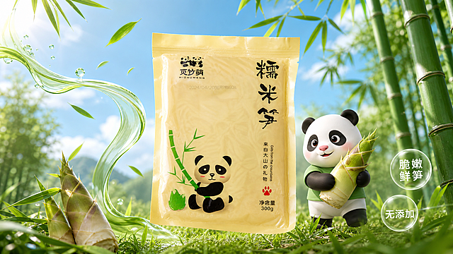 清新自然的食品商业海报，写实合成风格，明亮清新的嫩绿色调，柔和自然光，高饱和度清新色彩，高清8K，画面中心悬浮着「觅竹萌」包装，包装上印有鲜笋图案和品牌文字，背景是蓝天+嫩绿色竹林草地场景，周围散落新鲜竹笋、竹子枝叶元素，画面左侧有流动的淡绿色液体/竹汁线条装饰，右下角点缀透明气泡写着“脆嫩鲜笋”“无添加”卖点，画面角落加入「小觅竹」大熊猫IP，大熊猫穿着浅绿色上衣，开心地抱着新鲜竹笋，整体氛围清爽健康，突出产品天然鲜笋的特点，无多余杂乱元素，适合食品宣传海报