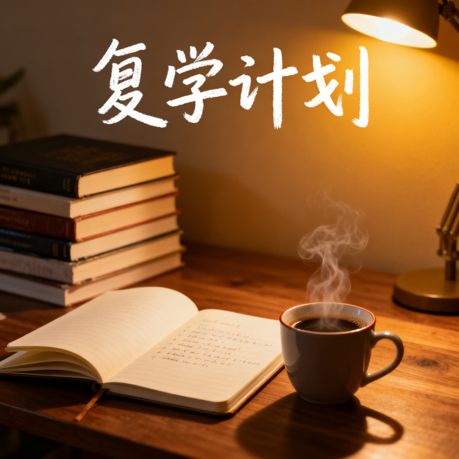 画面呈现办公桌一角，摆放着书籍、打开的笔记本、一杯冒着热气的咖啡，上方有手写体“复学计划”文字，温馨治愈风格，暖色调预览效果