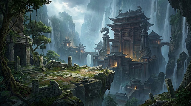 盗墓笔记风格的纯场景图，不要有人物，近景是一块悬崖空地，远处是一座地下的中国古代的宫殿，宫殿四周是悬崖，游戏cg风格