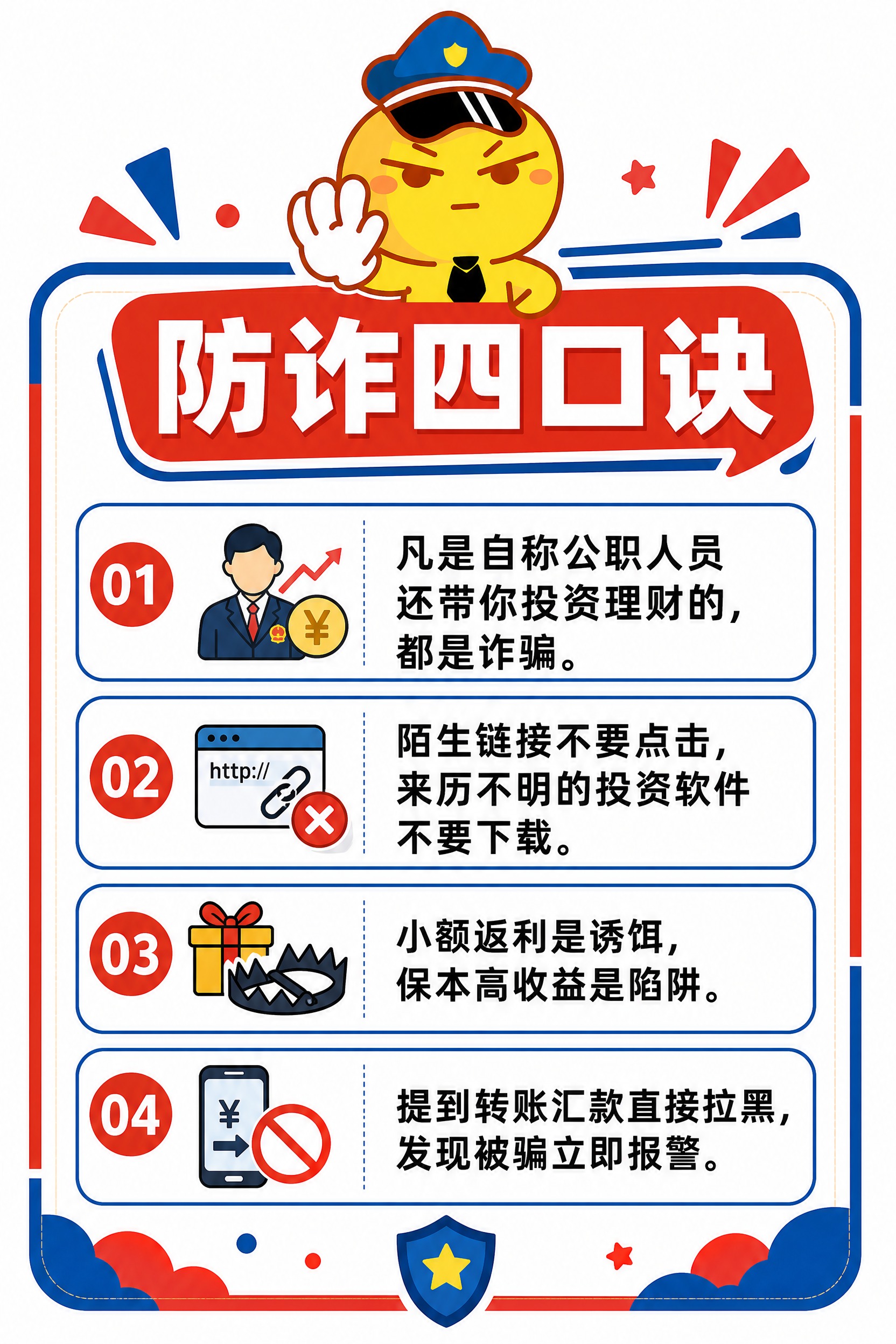 社区防诈骗科普知识卡片，标题为“防诈四口诀”，整体卡通扁平风格… - 图片创意预览