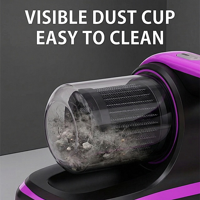 欧美跨境电商细节图，展示除螨仪可视化尘杯，背景用简约深灰，特写透明尘杯内部的灰尘污渍，突出英文“VISIBLE DUST CUP”“EASY TO CLEAN”，无白底，单图体现便捷清洁特性