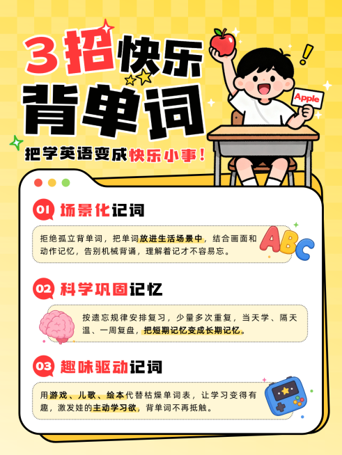扁平风童趣儿童学英语背单词教育干货小红书封面预览效果