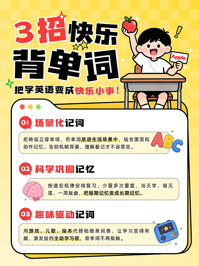 扁平风童趣儿童学英语背单词教育干货小红书封面