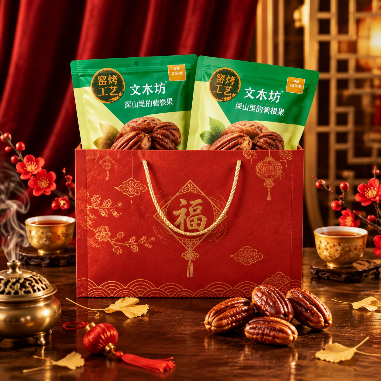 超写实食品场景摄影。 [主体] 两袋文木坊碧根果包装袋严格参照… - 图片创意预览