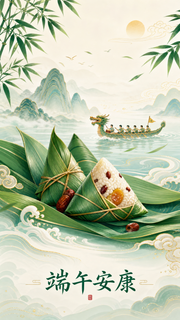 设计一款APP启动页，主题为节假日端午节，中国风国潮设计，画面有粽子、粽叶和龙舟元素，不需要APP图标位置，底部带有"端午安康"字样，整体配色清新自然，大气美观预览效果