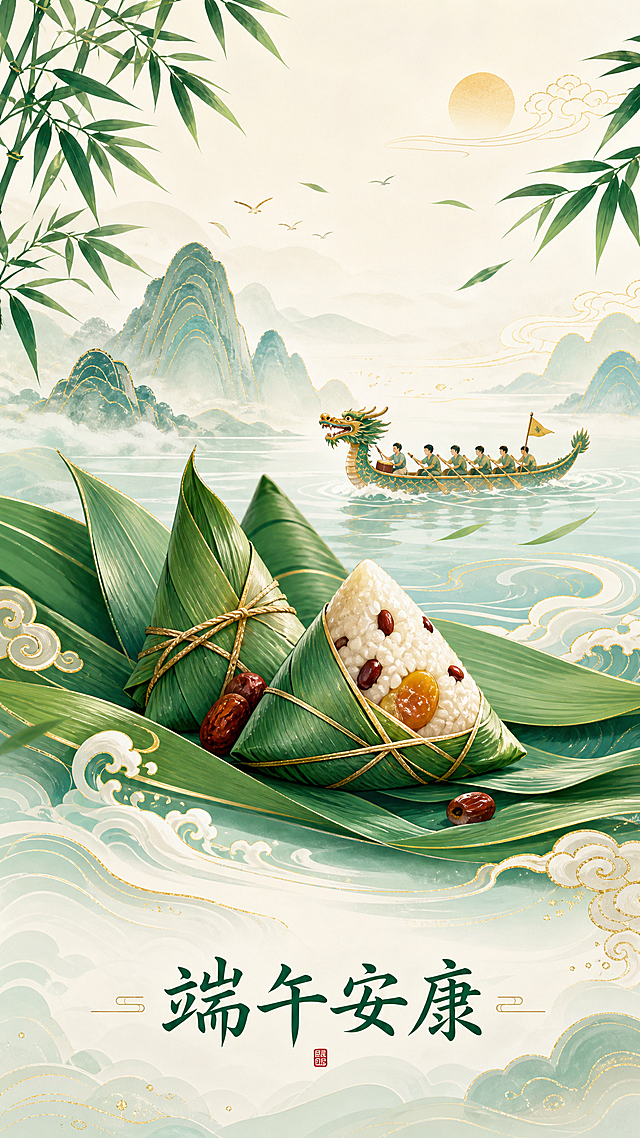 设计一款APP启动页，主题为节假日端午节，中国风国潮设计，画面有粽子、粽叶和龙舟元素，不需要APP图标位置，底部带有"端午安康"字样，整体配色清新自然，大气美观