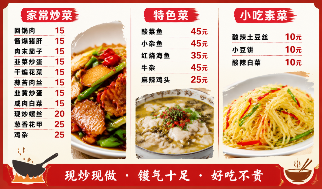 170*50厘米横版小吃车价目表，干净整洁风格，包含三张美食图片：回锅肉、酸菜鱼、酸辣土豆丝。完整文字内容："回锅肉      15
酱爆猪肝   15
肉末茄子   15
韭菜炒蛋   15
干煸花预览效果