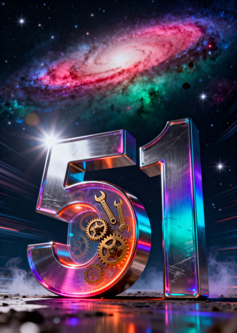 主视觉是一个巨大的立体金属质感数字“51”，采用超广角低角度仰视镜头，呈现出顶天立地的视觉冲击力。数字“51”的表面由高纯度拉丝不锈钢和液态汞合金构成，经过精密抛光处理，反射出极其绚丽的霓虹光——光谱预览效果