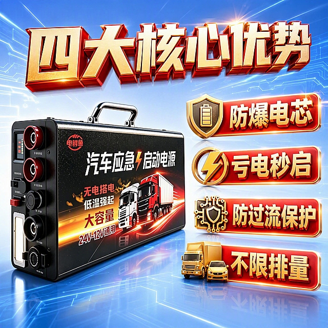 [主图-2] 核心价值与关键卖点总览，集中展示四大核心卖点。
[统一基调] 拼多多风格，明亮高饱和背景，3D立体大字宣传语，红金配色为主，白色辅助，字体粗厚有金属质感，视觉冲击力强。
[画面] 产品主体位于画面左侧，占画面约45%，正面视角展示汽车应急启动电源正面图案与品牌标识。右侧为四大卖点的3D立体图标+文字组合，呈上下排列。背景为明亮的蓝白渐变科技背景，带有电路纹理和光效。每个卖点配一个3D立体小图标：防爆电芯配电池盾牌图标，亏电秒启配闪电图标，防过流保护配电路保护图标，不限排量配卡车/汽车图标。
[光影质感] 商业摄影质感，产品光影自然，3D图标和文字有明显立体厚度、高光和投影，整体光感明亮通透。
[配色] 背景主色为明亮蓝白渐变，科技感强；3D卖点文字为红金立体字，图标为金色立体；产品保持原黑色主体。
[文字版式] 画面顶部为3D立体大标题"四大核心优势"。右侧四个卖点从上到下排列，每个卖点都是3D立体字："防爆电芯""亏电秒启""防过流保护""不限排量"，每个卖点左侧配对应3D图标。文字大小层级分明，主标题最大，卖点文字次之。
[输出要求] 1:1正方形，2048×2048px，文字清晰可读，产品清晰不变形，无水印无平台Logo，无多余杂物。