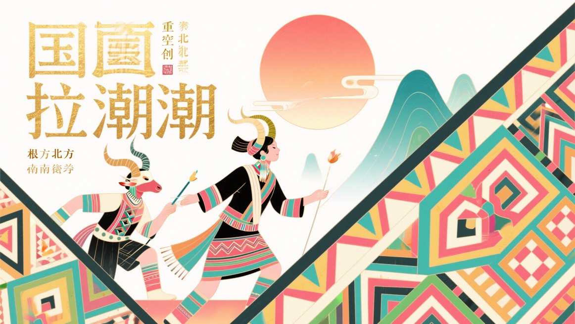 重新创作拉祜族根古北方牡必密必章节插画，调整整体色彩调性，使用更大胆的撞色多巴胺配色，强化拉祜族几何民族纹样的抽象符号提炼，让日月沐浴神话元素更加突出，简化南迁冲突场景，突出拉祜族热爱和平的民族性格，预览效果