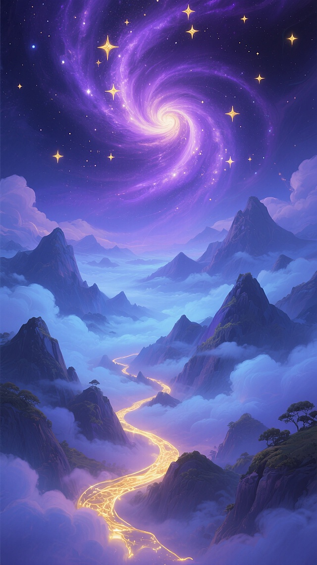 梦幻游戏场景插画，深邃夜空呈现神秘的紫色调旋涡星云，金色星光点缀其间，下方云海与连绵山脉笼罩在柔和的蓝紫色光芒中，蜿蜒的金色发光路径穿梭于云雾缭绕的山峰之间，整体画面营造出宁静而奇幻的氛围，色彩以紫色和蓝色为主调，金色光效作为点缀，光影层次丰富，云雾呈现半透明质感，山脉轮廓清晰，具有浓厚的奇幻艺术风格。