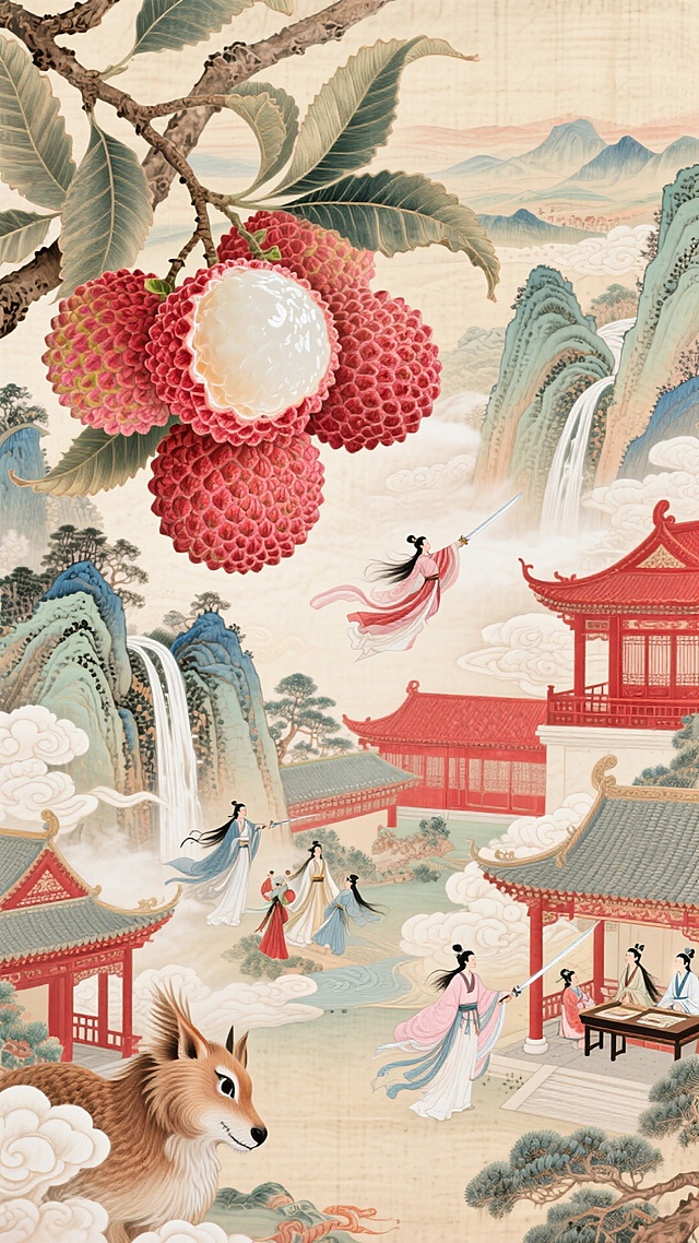 工笔风融合国潮美学，以重拟物手法呈现荔枝与仙侠人物，水墨意境中透出刺绣质感，古典优雅间流淌梦幻唯美之韵。