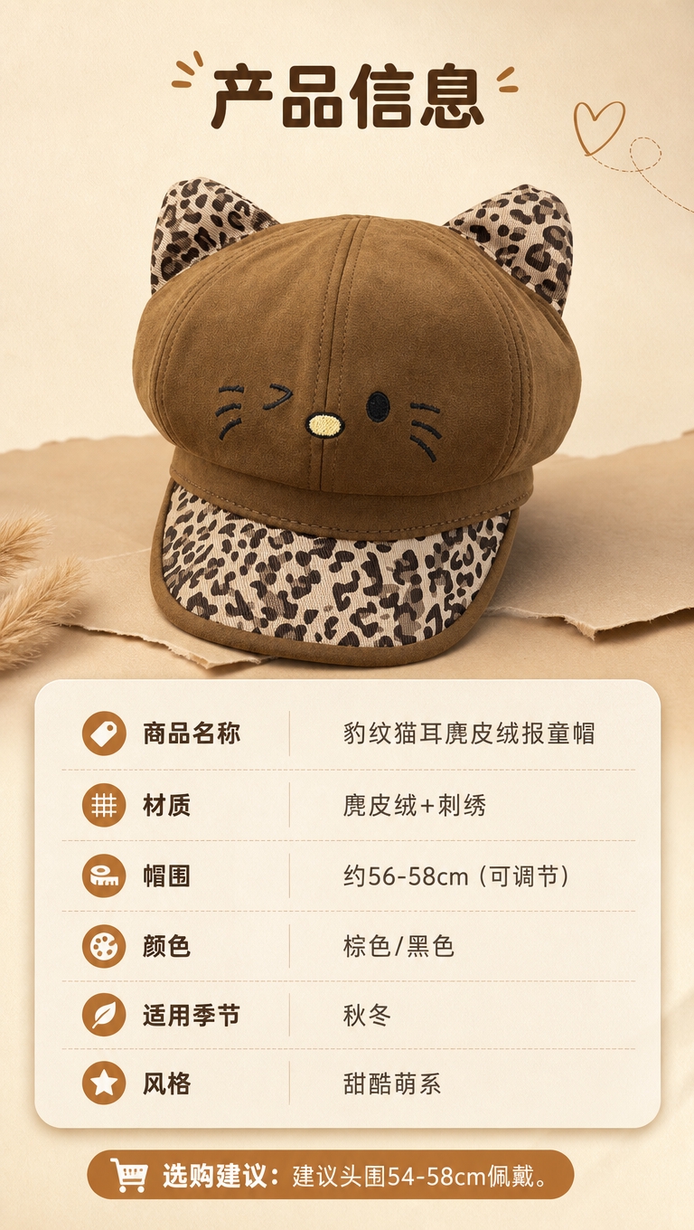 [商品] 使用【图7】棕色豹纹猫耳报童帽做产品信息页主图；商品… - 图片创意预览