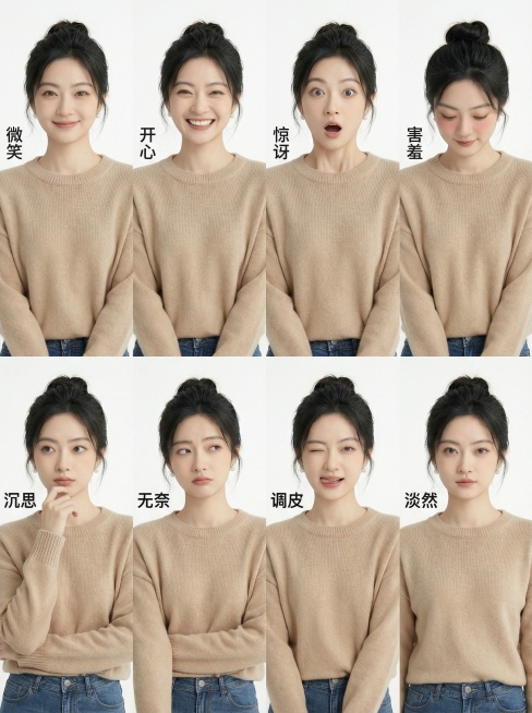 简约日常风，高盘丸子头带碎发修饰的温婉清新女生，2×4网格排列8种匹配面部特征的情绪表情，每个表情旁标注：微笑、开心、惊讶、害羞、沉思、无奈、调皮、淡然预览效果
