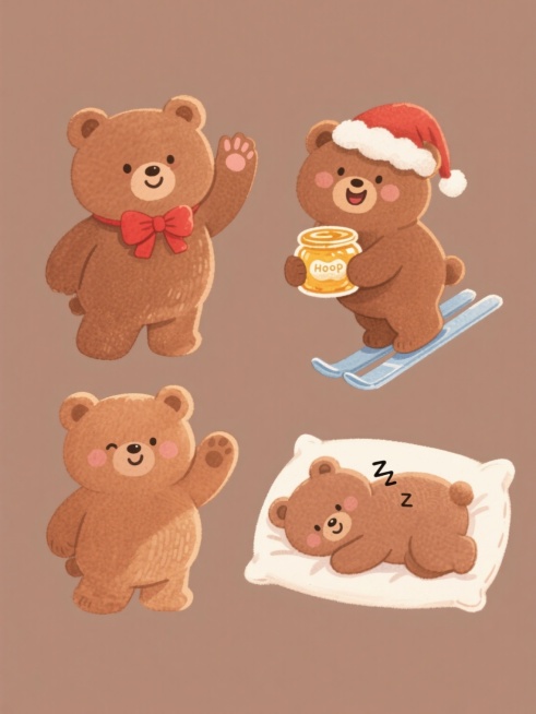 一系列四个造型完全不同的棕色卡通小熊插画，保持相同的手绘水彩风格，柔和的棕色主色调，温暖的光影效果，圆润的轮廓和细腻的笔触质感，每个小熊都有独特的姿态和表情：第一个小熊戴着红色蝴蝶结挥手，第二个小熊抱着蜂蜜罐微笑，第三个小熊戴着圣诞帽滑雪，第四个小熊趴在枕头上睡觉，它们被规整地排布在纯色背景上，形成一套可爱的系列素材集合。预览效果