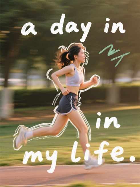实景照，一个女生正在跑步，人像周围采用蜡笔描边，文案内容为“a day in my life”，手写涂鸦字体预览效果