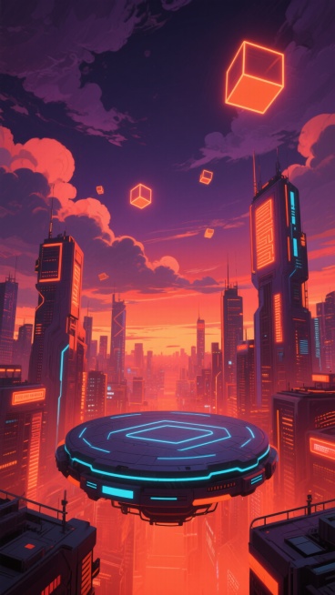 一幅以橙红色与深紫色为主色调的赛博朋克风格城市风光插画，画面中心是圆形悬浮平台，平台表面有发光的蓝色几何线条，周围环绕着高耸的未来感建筑，建筑上点缀着明亮的橙红色霓虹灯光，天空中漂浮着发光的立方体，云层呈现出深紫色与橙红色的渐变，整体氛围充满神秘与活力，光线从云层间隙洒落，照亮城市的轮廓，呈现出黄昏时分的赛博朋克都市景象，具有强烈的视觉冲击力和未来科技感。预览效果