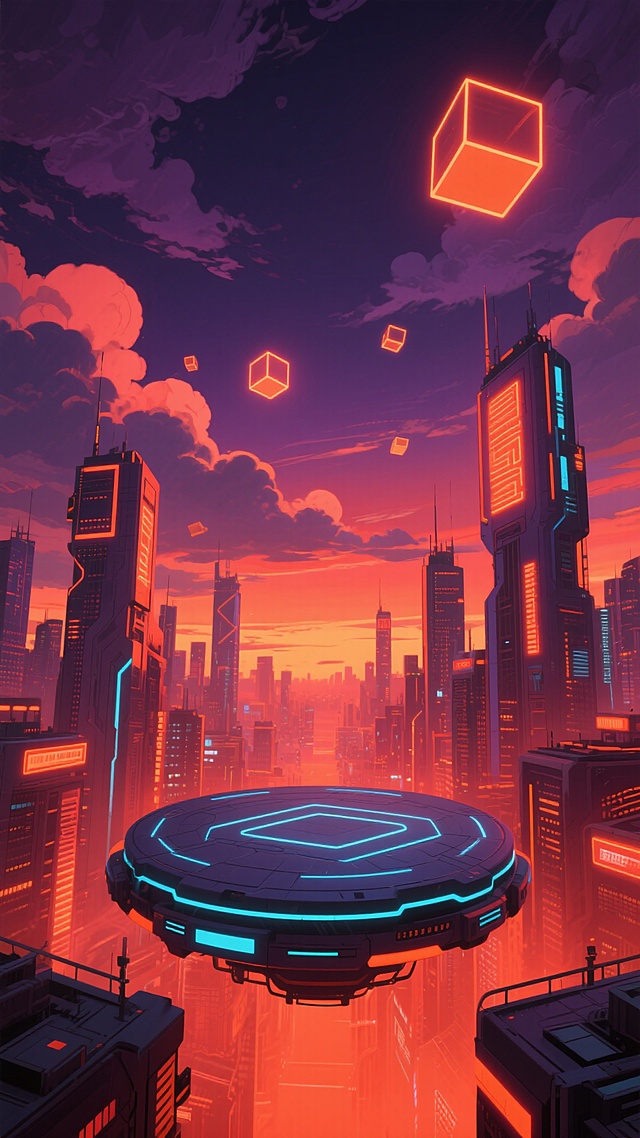 一幅以橙红色与深紫色为主色调的赛博朋克风格城市风光插画，画面中心是圆形悬浮平台，平台表面有发光的蓝色几何线条，周围环绕着高耸的未来感建筑，建筑上点缀着明亮的橙红色霓虹灯光，天空中漂浮着发光的立方体，云层呈现出深紫色与橙红色的渐变，整体氛围充满神秘与活力，光线从云层间隙洒落，照亮城市的轮廓，呈现出黄昏时分的赛博朋克都市景象，具有强烈的视觉冲击力和未来科技感。