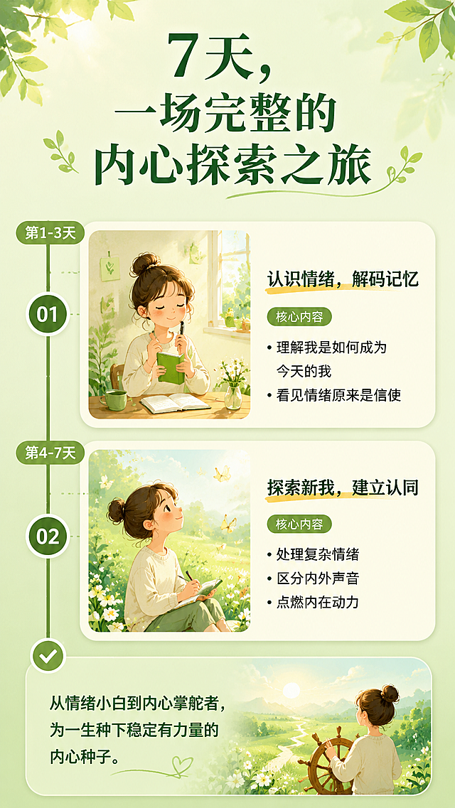 [第4屏] 7天成长旅程整体介绍详情图。
[氛围/风格] 温暖治愈清新自然，延续统一绿色暖调插画风格。
[元素布局] 顶部主标题，中部分前后两个阶段展示，用时间轴连接，每个阶段配插画，底部总结整体闭环效果。
[光影质感] 明亮干净，模块清晰，文字突出。
[配色色系] 背景浅绿调，时间轴深绿色，阶段卡片浅米色，标题深绿色，文字深灰色，整体统一。
[视角构图] 竖屏9:16，从上到下纵向时间轴排版，符合阅读习惯。
[文字版式] 主标题「7天，一场完整的内心探索之旅」，分两个阶段：前三天主题「认识情绪，解码记忆」，核心内容：理解我是如何成为今天的我，看见情绪原来是信使；后四天主题「探索新我，建立认同」，核心内容：处理复杂情绪，区分内外声音，点燃内在动力。底部总结文案：从情绪小白到内心掌舵者，为一生种下稳定有力量的内心种子。
[比例分辨率] 9:16，4K，文字清晰。
[负向提示词] 文字错乱，排版拥挤，颜色对比差，违规内容