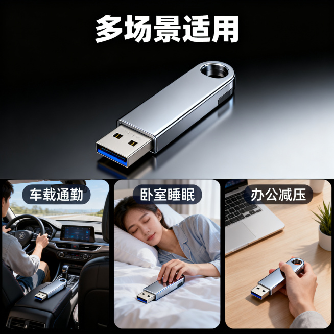 [主图 5] 多使用场景拼接主图
[氛围风格] 丰富生活化，展示多场景适配性，科技结合生活
[画质] 商业摄影质感、光线柔和通透、产品清晰真实、画面干净高级、超高清
[元素] 金属U盘放在画面顶部居中预览效果