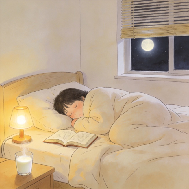 早睡健康习惯主题手绘插画，展示22:30前准备入睡的温馨卧室场景，传递早睡早起的健康作息观念，手绘插画风格，温暖柔和，画面无任何文字预览效果