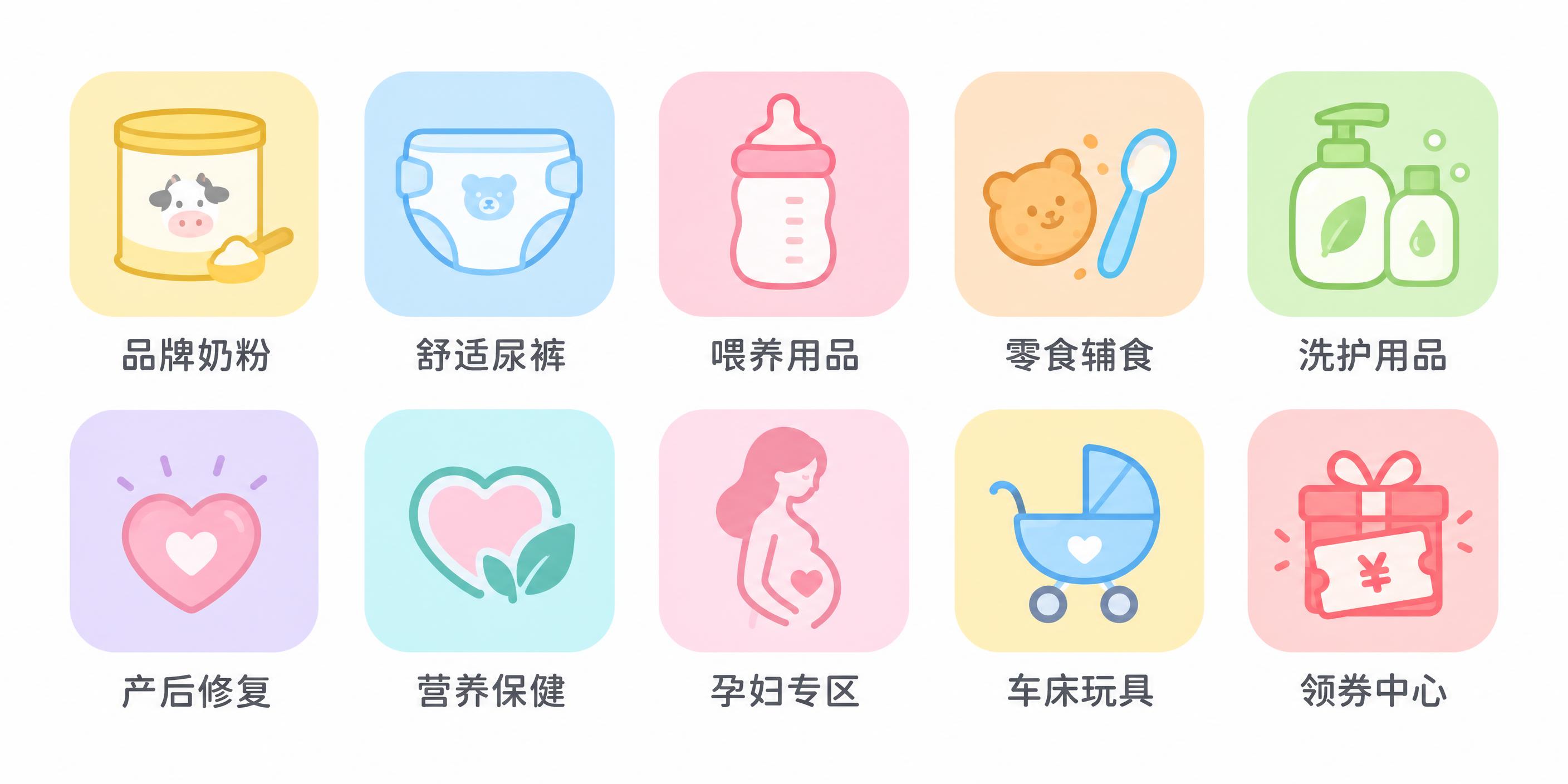 母婴电商APP分类入口图标版面，共10个图标分两行五列排列，简… - 图片创意预览