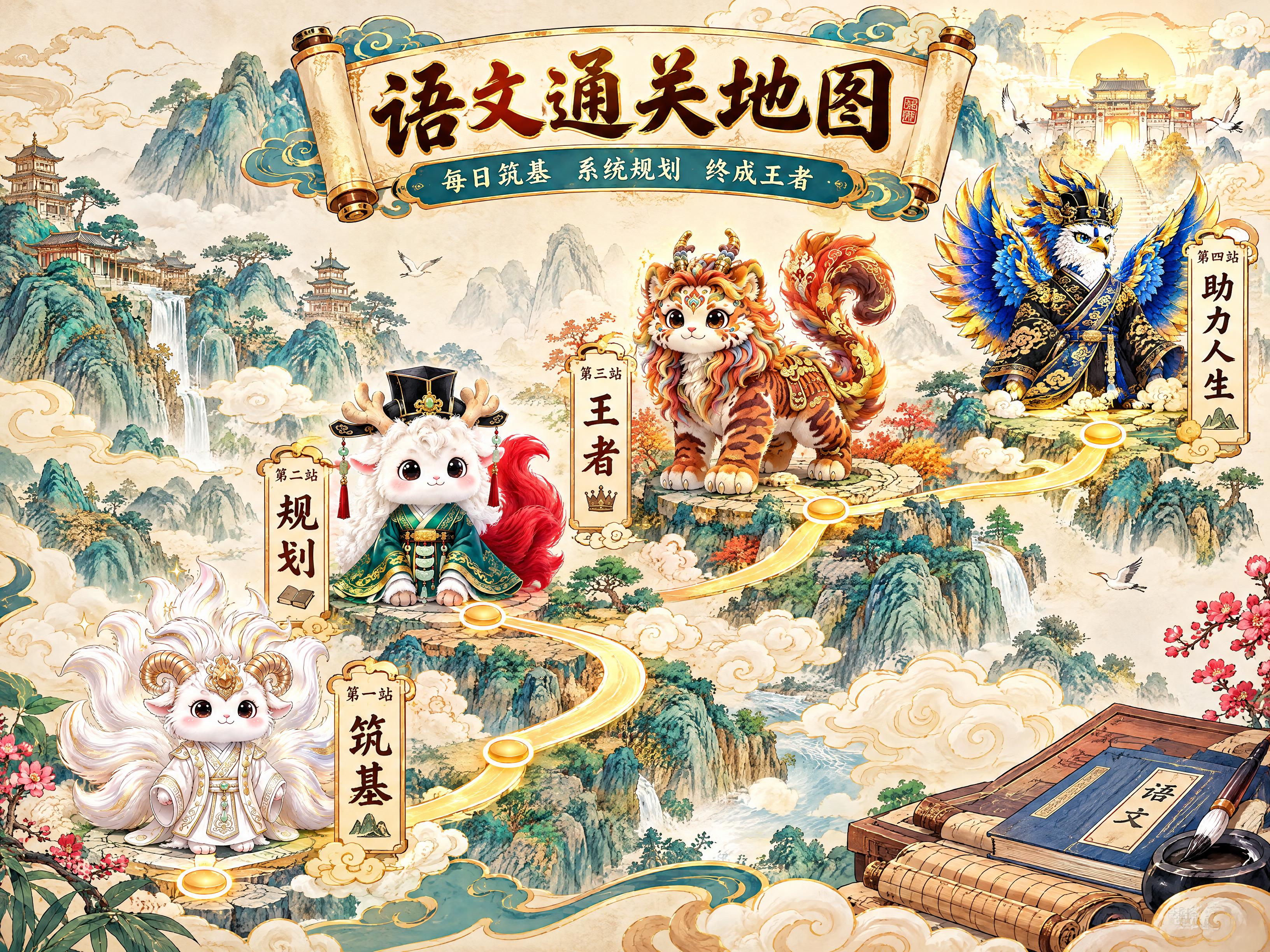 一张精美的国风语文通关地图插画，横版构图，画面顶部居中是大标题… - 图片创意预览