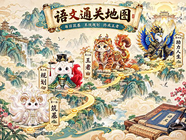 一张精美的国风语文通关地图插画，横版构图，画面顶部居中是大标题"语文通关地图"，副标题"每日筑基 系统规划 终成王者"。地图上有一条蜿蜒的金色路径从左下延伸到右上，沿途分布四个站点：第一站"筑基"，旁边是一只白色九尾羊形象的勇气之神神兽（参考图1的白色九尾羊，金色羊角，白色汉服，可爱Q版）；第二站"规划"，旁边是一只白色鹿角红尾巴的神兽（参考图2，戴黑色官帽，绿色汉服，可爱Q版）；第三站"王者"，旁边是一只彩色鬃毛的老虎神兽（参考图3，橙棕色虎纹，金色云纹装饰，威武可爱）；第四站"助力人生"，旁边是一只蓝金色翅膀的鹰形神兽（参考图4，黑色金纹汉服，蓝色羽毛，庄严威武）。地图背景是淡米色古风卷轴风格，点缀祥云、山水、书卷元素，整体国潮插画风格，色彩丰富，细节精致，画面清晰