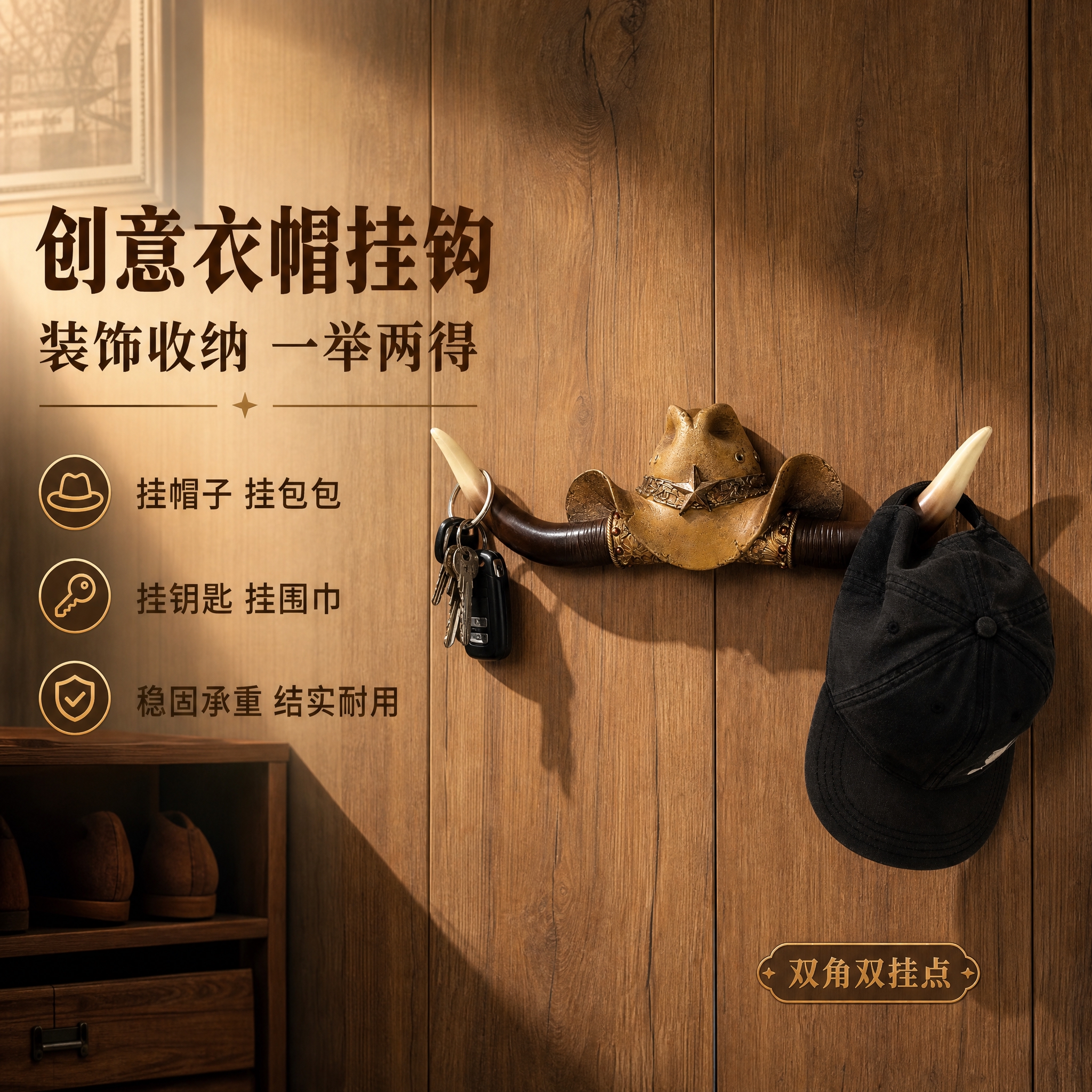 [主图1 衣帽挂钩功能展示] 复古牛仔帽牛角墙面挂钩 突出衣帽… - 图片创意预览
