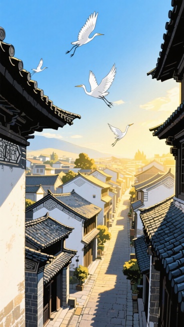 大理古城，俯视，清晨，天空中白鹭飞过预览效果