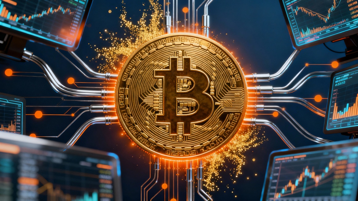 Bitcoin as a radiant energy core, electric circuits spreading outward, futuristic technology backgro预览效果