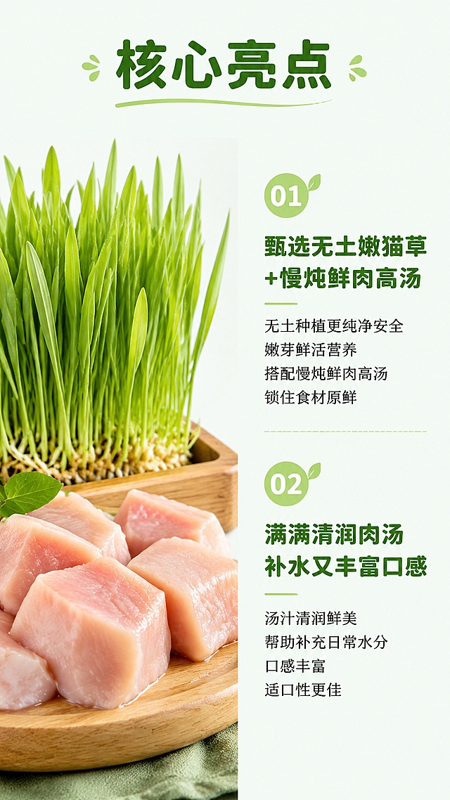 [第2屏] 核心卖点展示屏-鲜肉猫草浓汤零食罐核心亮点介绍。
[氛围/风格] 清新自然食材风，干净简约，突出新鲜食材的真实质感。
[元素布局] 画面上半部分大标题，下半部分左右分栏；左栏展示新鲜猫草嫩芽和鲜肉块食材组合特写，右栏排列核心卖点文字；三种元素层次感清晰，食材清晰真实。
[光影质感] 柔和均匀自然光，食材细节清晰，阴影自然过渡，突出鲜嫩食材质感。
[配色色系] 全局底色 #F2F9F4，和首屏保持一致；主色浅绿+原木浅棕；辅助色深绿文字。
[视角构图] 食材特写平视视角，左图右文的经典布局，阅读从上至下、从左到右动线清晰。
[文字版式] 顶部主标题「核心亮点」加粗居中；右栏分两点排列卖点：第一点「甄选无土嫩猫草+慢炖鲜肉高汤」，第二点「满满清润肉汤 补水又丰富口感」；圆角字体，深绿色加粗主卖点，黑色正文，文字不遮挡食材主体，清晰易读；保持和首屏一致的字体风格。
[比例分辨率] 9:16竖版比例，宽度1080，高度1920，4K分辨率，文字清晰可辨，高清画质。
[负向提示词] 食材不新鲜，文字错乱，文字过小，构图杂乱，颜色偏差，水印，极限词。