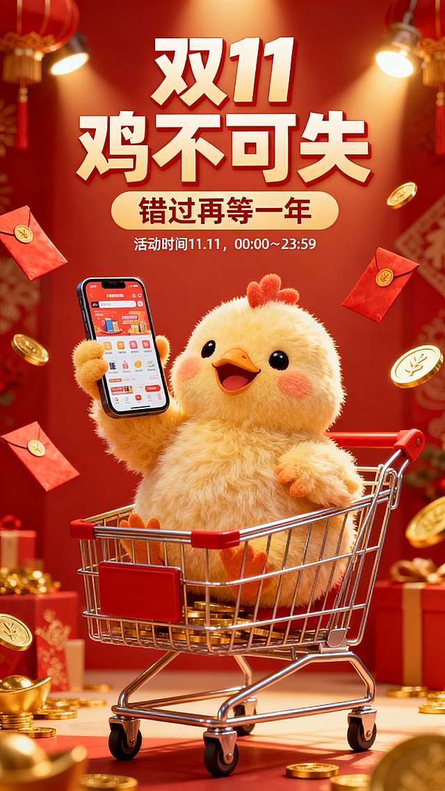 节日的喜悦在红金灯光中绽放，小鸡坐在购物车里兴奋地举起手机，象征“双11开抢”的热烈与欢乐。红包与金币飞舞，传递丰收与好运的能量，主标题“鸡不可失”运用“机不可失”的谐音趣味，让消费者感受到节庆的仪式感与参与热情。