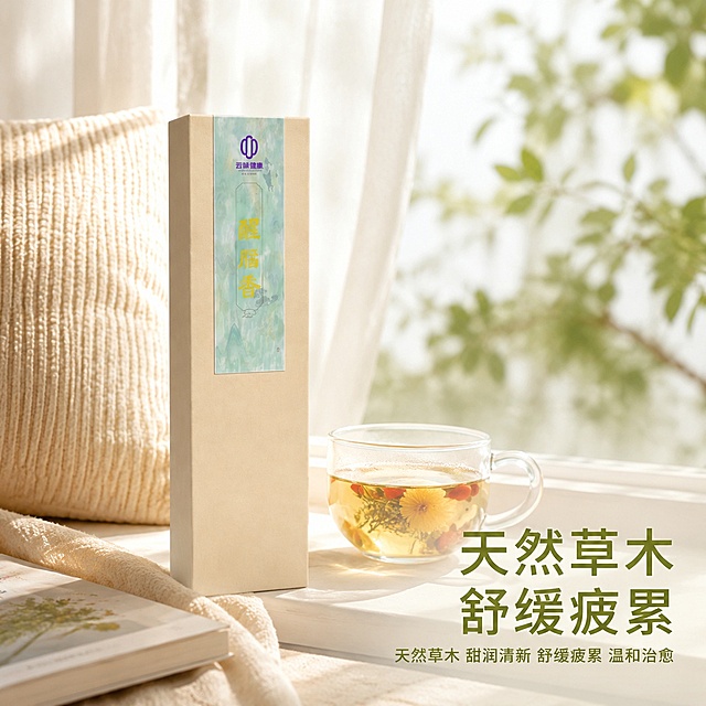 [主图-4] 醒目香核心体验场景图。[氛围风格] 温柔治愈生活感，温暖柔和的生活疗愈氛围。[画质] 商业摄影质感、光线柔和通透、产品清晰真实、画面干净高级。[元素] 醒目香单盒放置在阳光洒落的飘窗边，旁边搭配毛绒靠垫与一杯热花茶，营造放松独处场景，保持产品外观与输入产品图绝对一致，杜绝任何变形和色差，精细化处理。背景为纱帘透进柔和自然光，窗外隐约绿植，氛围感十足。商品主体占比约60%。[光影] 自然光透过纱帘形成柔和漫射光，温暖治愈，光影朦胧舒适，整体亮度均匀。[配色] 主色调米白浅绿暖棕，搭配产品浅绿标签，温馨柔和配色。[视角构图] 平视日常场景视角，浅景深突出产品主体，氛围自然。[文字版式] 右下右对齐，大字主文案「天然草木 舒缓疲累」，暖绿色粗体；下方依次列卖点：天然草木 甜润清新 舒缓疲累 温和治愈，字号缩小，右对齐不遮挡产品。[比例分辨率] 1:1 比例，2048*2048分辨率，文字清晰锐利，超高清。[负向提示词] 变形，文字错乱，产品图模糊，背景杂乱，水印，电商平台Logo
