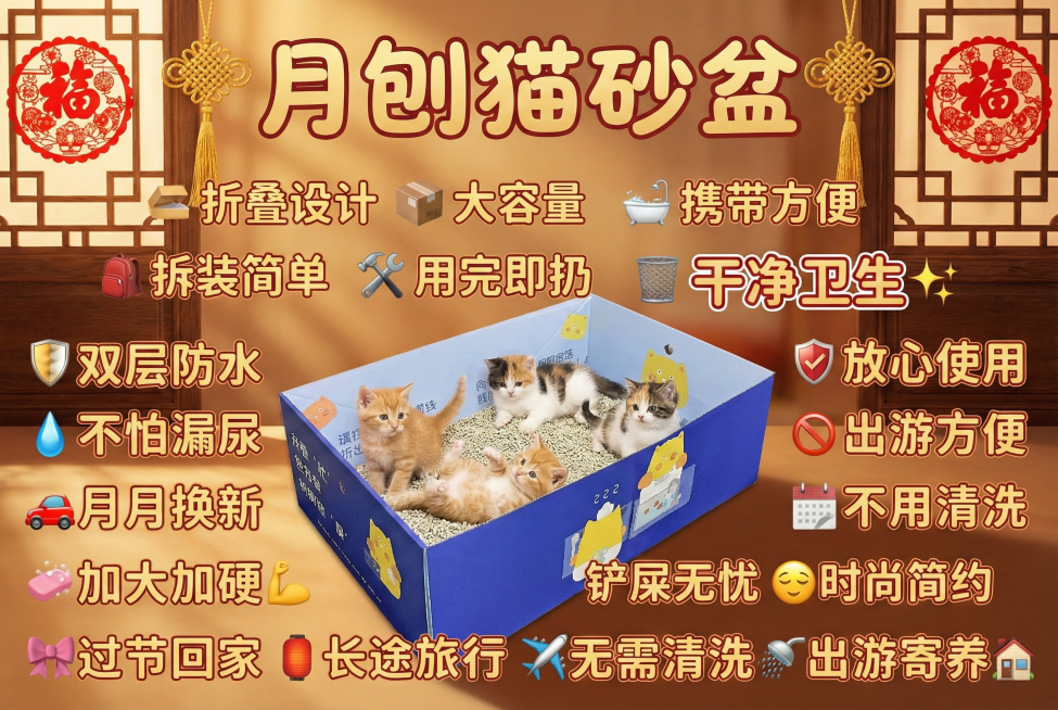 这张图片是产品主体这款产品是一次性猫砂盆 产品主体颜色不改变 我需要设计20张主图在拼多多上面售卖   主图场景布局设计用过年喜庆 小猫等 等背景元素 整体色调喜庆一些，可爱 显得高级一些  主图文案预览效果
