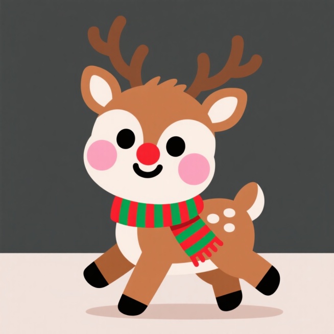 一只可爱的2D卡通风格小鹿，棕色身体，白色肚皮，红色圆鼻子，戴着红绿相间的条纹围巾，鹿角为棕色枝桠状，脸颊有粉色腮红，眼睛圆润明亮，四肢短小，姿态活泼，背景简洁预览效果
