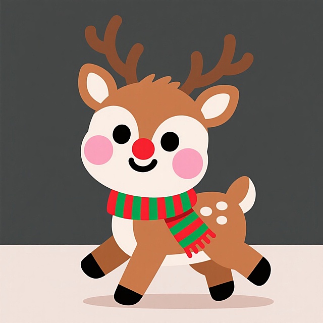 一只可爱的2D卡通风格小鹿，棕色身体，白色肚皮，红色圆鼻子，戴着红绿相间的条纹围巾，鹿角为棕色枝桠状，脸颊有粉色腮红，眼睛圆润明亮，四肢短小，姿态活泼，背景简洁