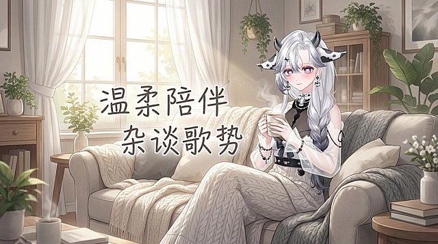 以图中的奶牛娘虚拟主播为人设主体，生成16:9横版清新温馨风格虚拟主播封面，整体配色搭配人物银灰白黑柔和色调，主题是居家温柔，标题分为两行：温柔陪伴、杂谈歌势，文字全部放在画面4:3范围内，人物可适当遮挡文字，风格清新治愈吸引眼球，完全合规创作