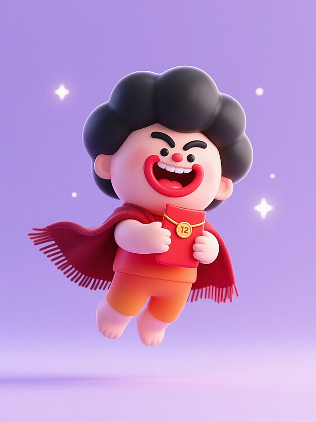 软3D风格卡通形象，拟人化小英雄手持红包，喜庆跃动，可爱感十足，节日氛围浓厚。