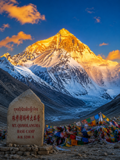 绝美西藏珠峰大本营风景图，日照金山壮观景象，湛蓝天空搭配金黄雪山，震撼大气的自然风光预览效果
