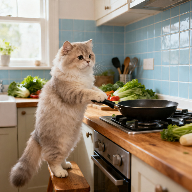 一只非常可爱的小猫正在做饭，整体为写实风格，画面真实自然，细节丰富清晰，厨房场景温馨治愈预览效果