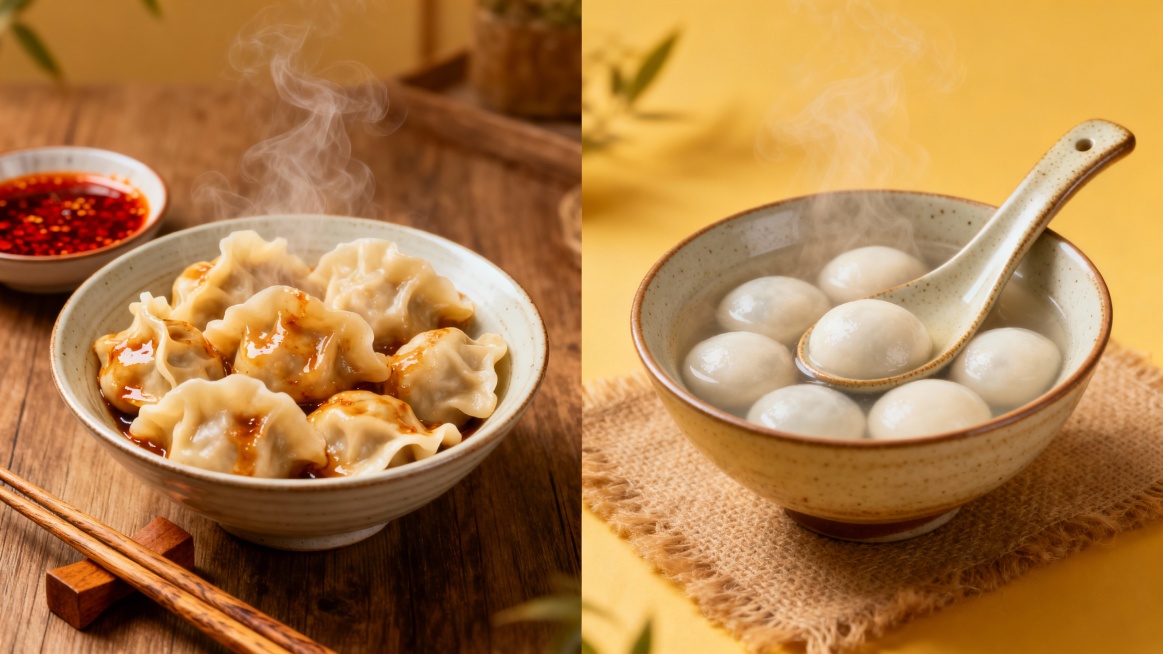 两张图片拼接，左边是一碗热气腾腾的饺子，有蘸碟和筷子，右边是一碗热气腾腾的汤圆，碗里有勺子，图片美观预览效果