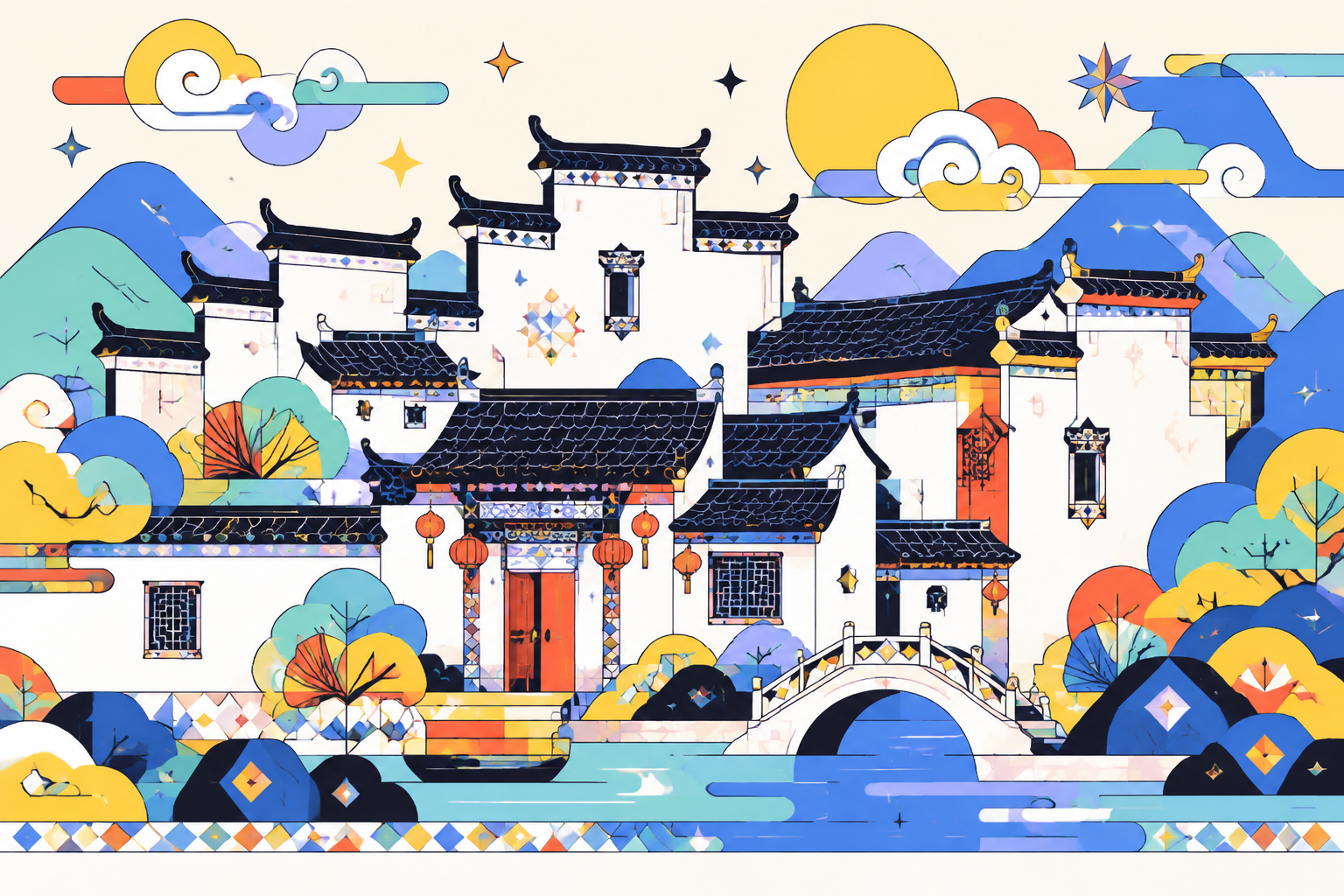 参考图中的扁平几何插画风格，高饱和撞色配色，粗黑轮廓线，装饰性… - 图片创意预览