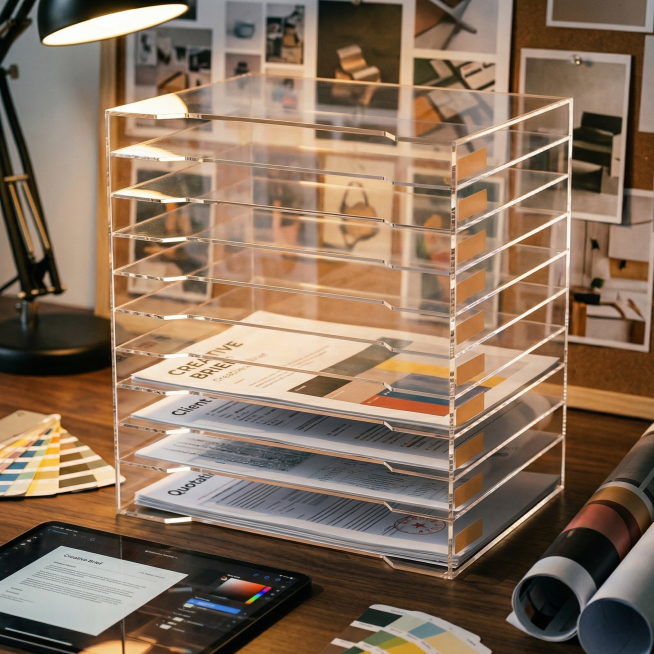 medium shot photography, keep the acrylic A4 file organizer completely undeformed, place it on a dar预览效果