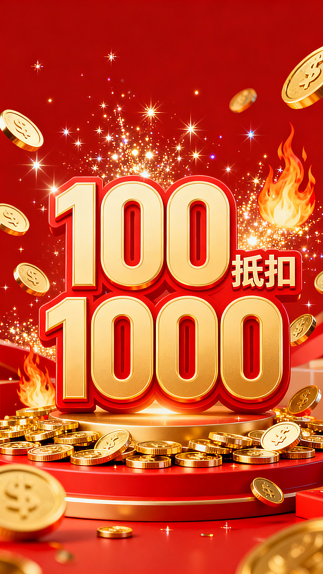 代金券促销头图，视觉中心醒目展示"100抵扣1000"的超大艺术字体，采用高饱和红色与金色撞色搭配，周围环绕金币、闪光、火焰等凸显超值优惠的装饰元素，整体风格喜庆醒目，有强烈的促销感，适合作为电商营销的代金券宣传图