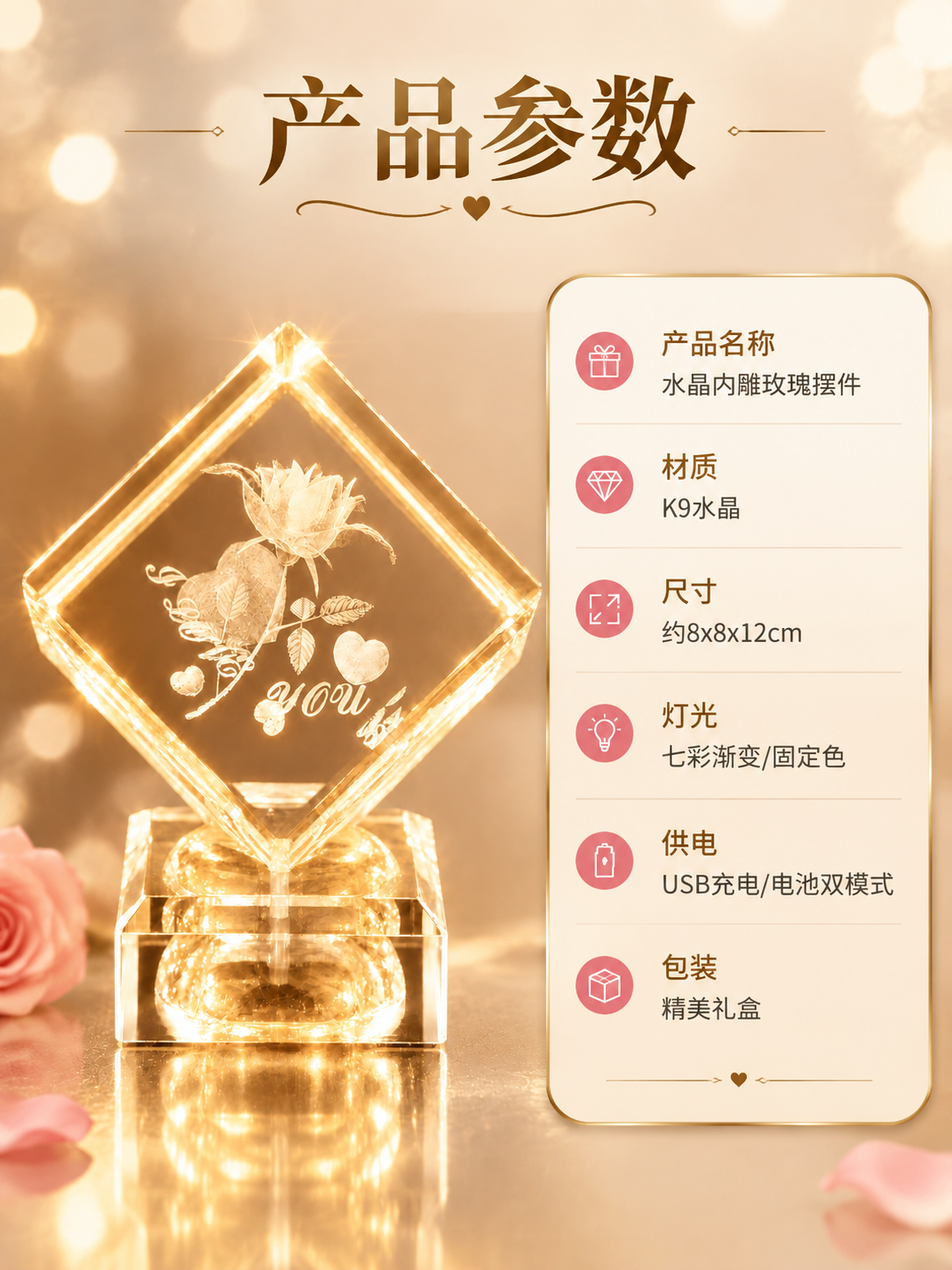 [商品] 使用【图2】暖金色灯光水晶内雕玫瑰花摆件正面标准照；… - 图片创意预览