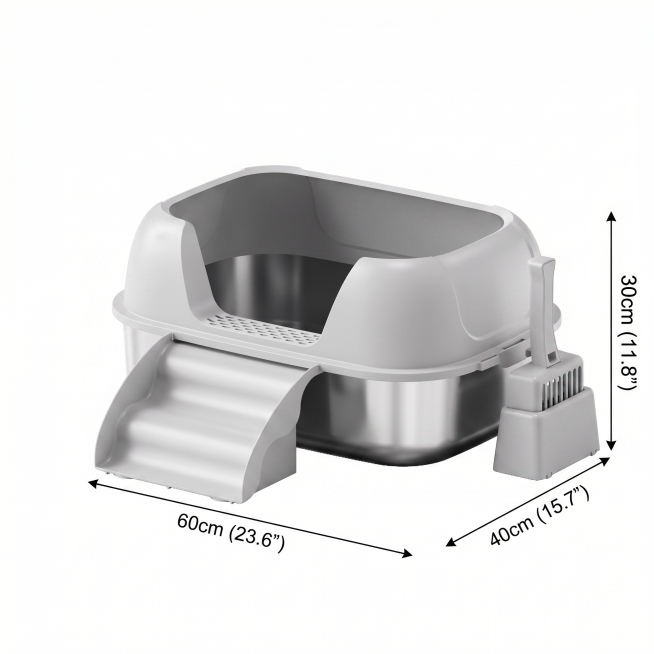 Dimension diagram: 60×40×30cm (23.6"×15.7"×11.8"). Stainless steel cat litter box dimension display预览效果