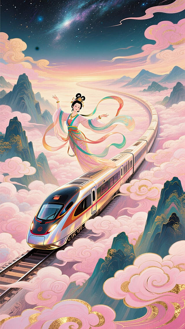 高铁居中从远处驶来为核心焦点，嫦娥环绕高铁，披帛环绕高铁飘逸展开，背景下方山峦、上方星空，空间延伸，画面粉金色调，梦幻色彩和光影变化，具有丰富的层次感和立体感